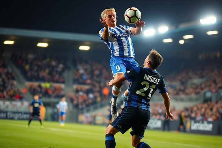 A professional footballer in mid-action, wearing a red AFC Bournemouth jersey, focusing intently during a match. The backgrou