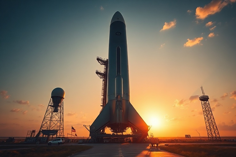 A high-angle view of SpaceX's Starship fully stacked on the launch pad at Boca Chica, Texas, with its sleek stainless-steel d