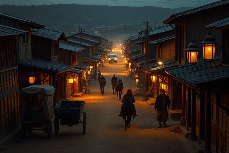 A panoramic view of Ulaanbaatar at dusk, showcasing the contrast between traditional ger districts in the foreground and mode