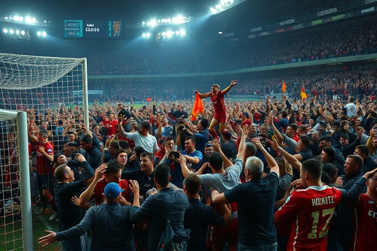 A dramatic shot of Crystal Palace players celebrating a goal during the Conference League final, with the stadium lights illu