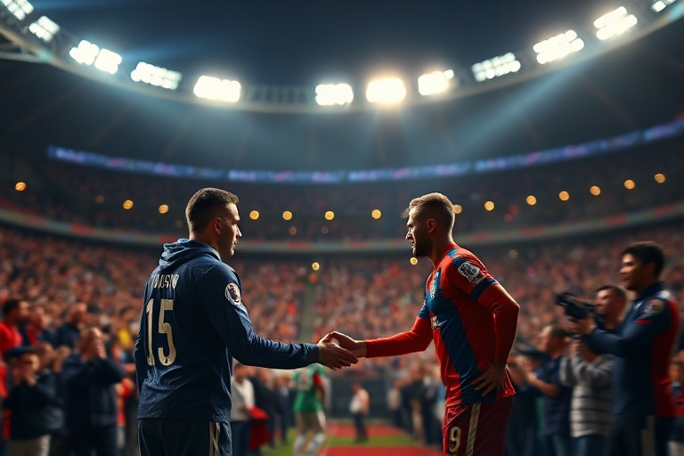 A dramatic shot of Crystal Palace players celebrating a goal during the Conference League final, with the stadium lights illu