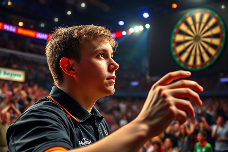 A dynamic action shot of Luke Littler in mid-throw during a high-stakes match, wearing a PDC shirt with a focused expression,