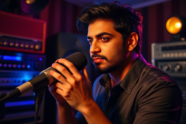 A vibrant studio portrait of Karan Kundra in a casual yet stylish outfit, standing against a neutral backdrop with soft light