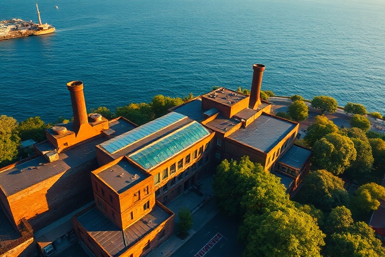 A vibrant campus scene at Bilgi University's Santralistanbul campus, featuring modern buildings, students walking between cla