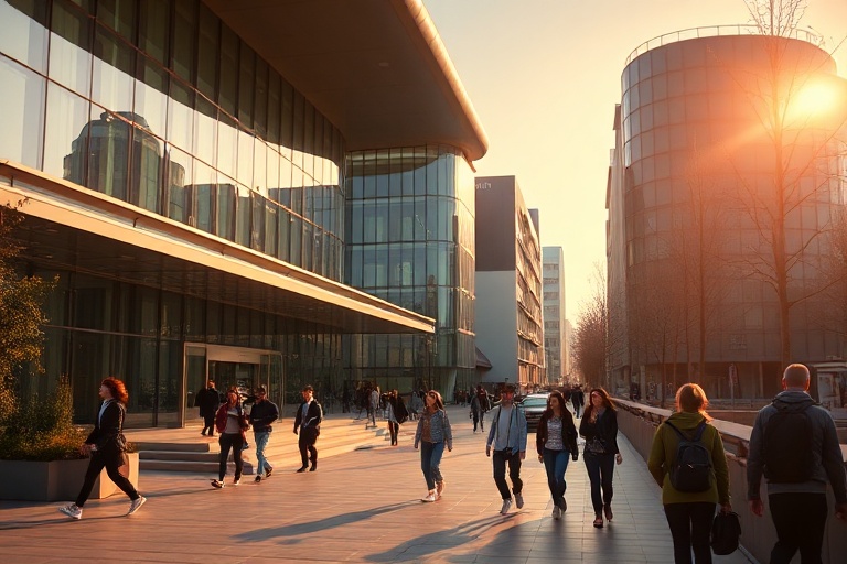 A vibrant campus scene at Bilgi University's Santralistanbul campus, featuring modern buildings, students walking between cla