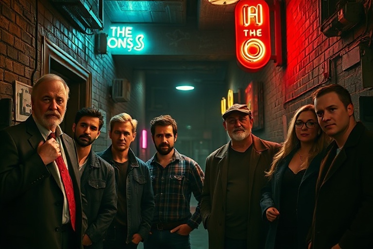 A promotional image of the main cast of The Boys standing in a dimly lit alley, with Antony Starr as Homelander in the center