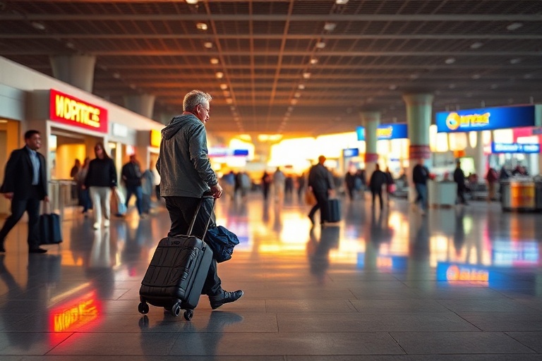 A collage of airport transfer scenes: a luxury car arriving at a European airport terminal, a family boarding a shared shuttl