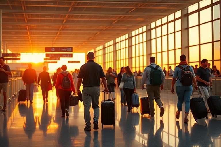 A collage of airport transfer scenes: a luxury car arriving at a European airport terminal, a family boarding a shared shuttl