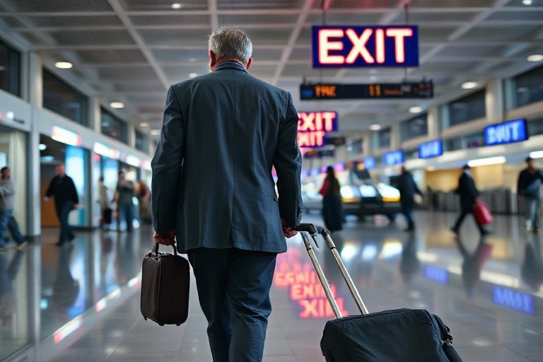 A well-lit airport terminal with travelers loading luggage into a black sedan. The scene captures a modern, sleek atmosphere