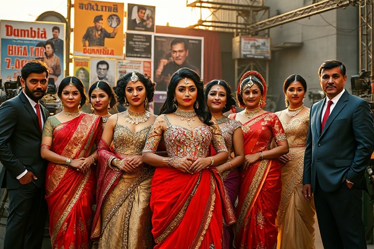 A vibrant group of South Asian artists in a neon-lit studio, wearing gold jewelry and designer clothing, collaborating on a m