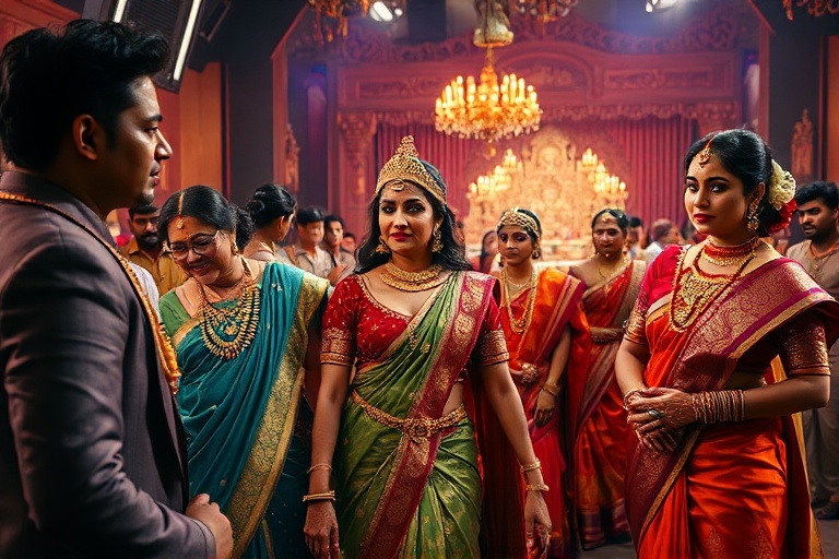 A vibrant group of South Asian artists in a neon-lit studio, wearing gold jewelry and designer clothing, collaborating on a m