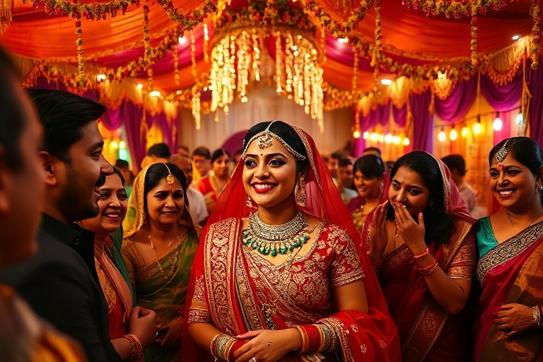 A vibrant, high-energy scene of a Desi Bling cast party featuring golden drapes, chandeliers, Bollywood stars in designer att