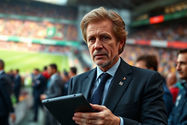 A dynamic action shot of Jorge Jesus in a tactical huddle on the sidelines, surrounded by players in Benfica or Flamengo kits