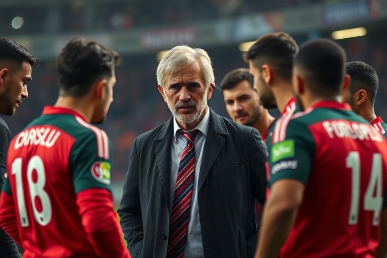 Jorge Jesus in a tactical huddle on the pitch, wearing a dark tracksuit with Sporting CP or Benfica colors, surrounded by pla