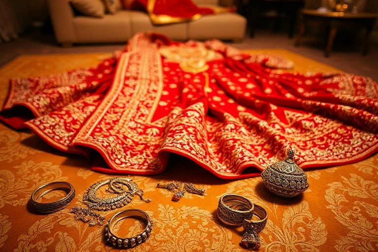 A vibrant studio shot of a young South Asian woman wearing layered gold jewelry, including hoop earrings, bangles, and a stat