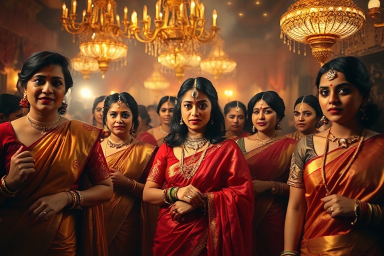 A vibrant studio shot of a young South Asian woman wearing layered gold jewelry, including hoop earrings, bangles, and a stat