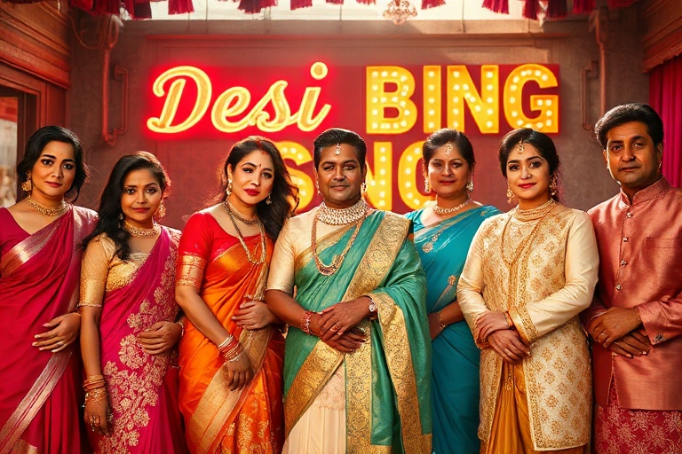 A diverse group of women and men wearing modern desi bling pieces—gold jhumkas, layered bangles, and ornate necklaces—posed i