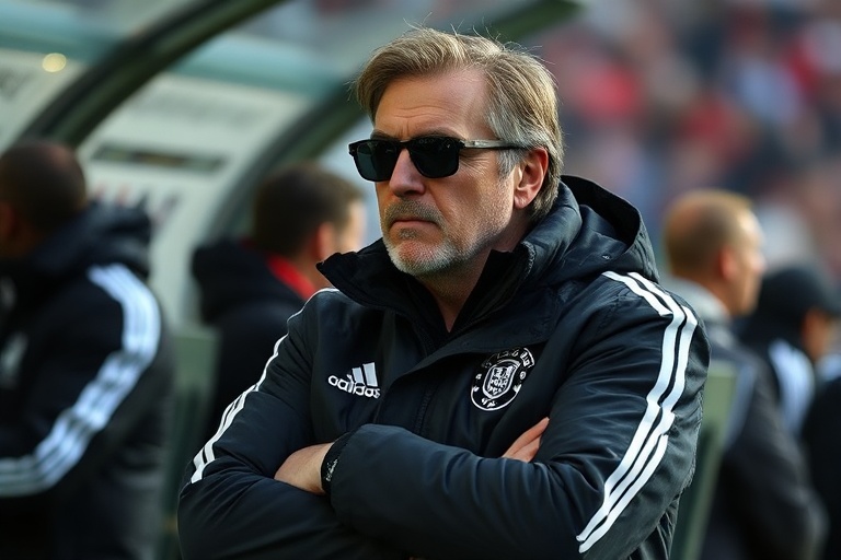 A dynamic action shot of Jorge Jesus on the touchline, wearing a dark jacket and intense expression, surrounded by players in