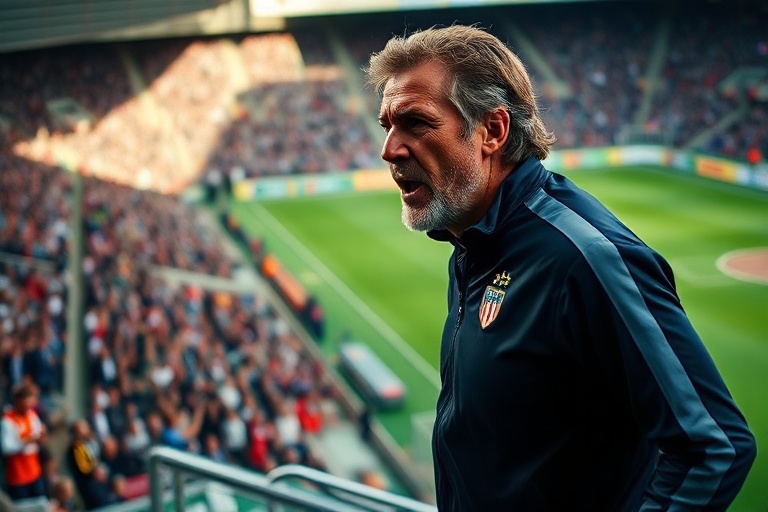 A dynamic action shot of Jorge Jesus on the touchline, wearing a dark jacket and intense expression, surrounded by players in