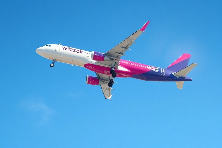 A Wizz Air Airbus A321neo taking off from a secondary European airport, with a modern terminal and young fleets visible in th