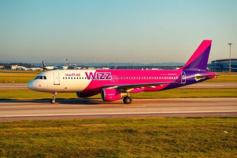 A Wizz Air Airbus A321neo taking off from a secondary European airport, with a modern terminal and young fleets visible in th