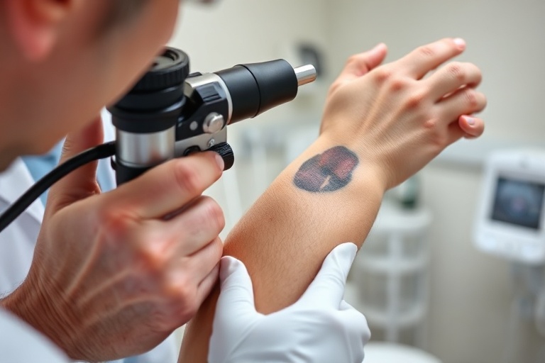 A close-up medical illustration of a skin lesion with irregular borders and uneven coloration, highlighting the ABCDE warning