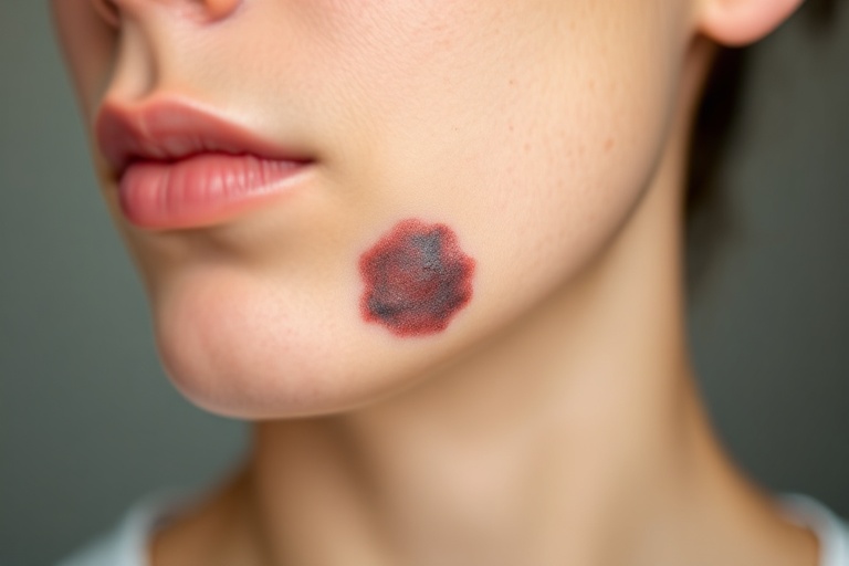 A close-up medical illustration of a skin lesion with irregular borders and uneven coloration, highlighting the ABCDE warning