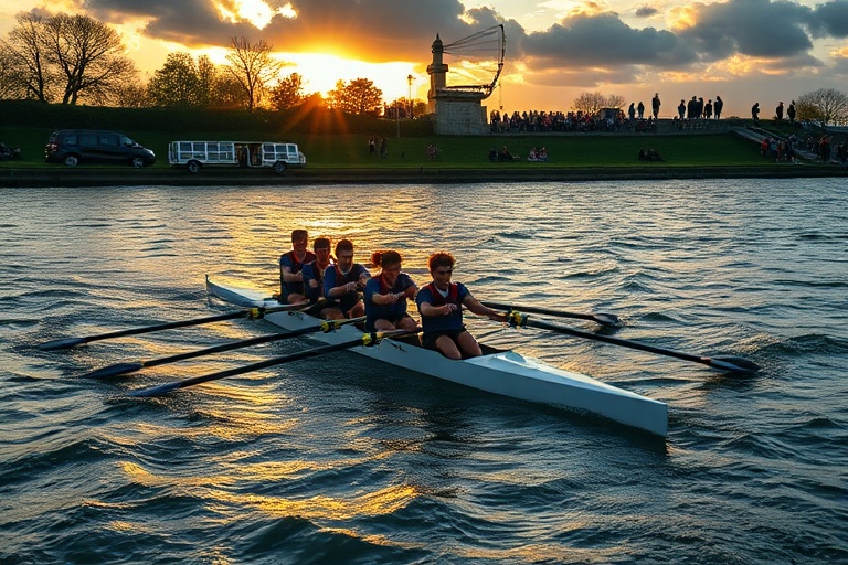 A panoramic shot of the National Schools Regatta on the River Thames, featuring multiple racing shells in competition, specta