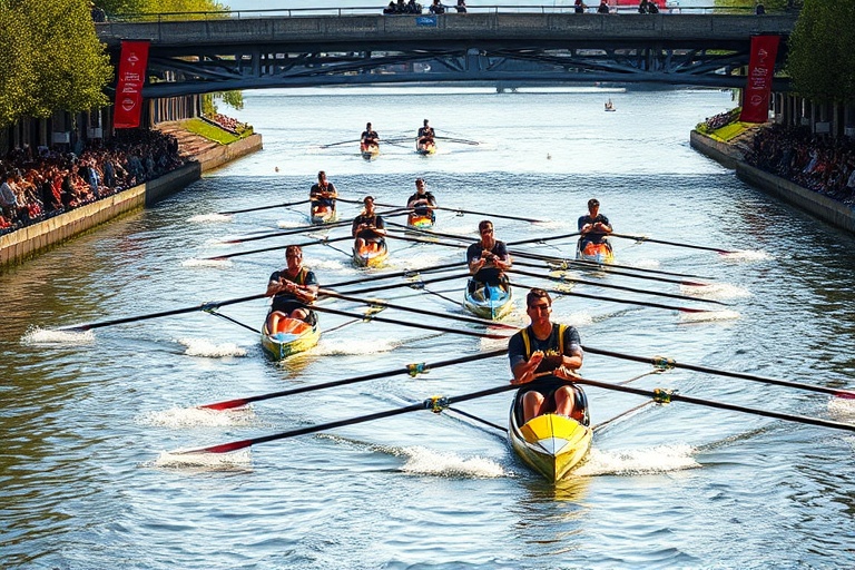 A panoramic shot of the National Schools Regatta on the River Thames, featuring multiple racing shells in competition, specta