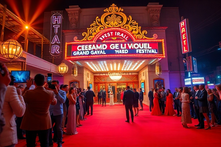 A vibrant gala festival scene featuring a grand ballroom with chandeliers, guests in formal attire, a live auction stage, and
