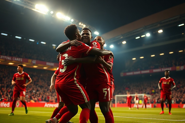 A dynamic action shot of Quansah in a Liverpool FC kit, mid-dribble on the pitch with Anfield stadium blurred in the backgrou