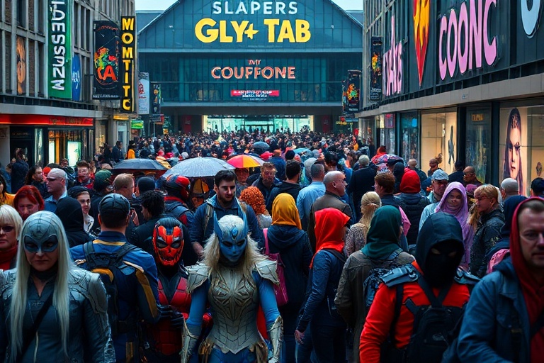 A vibrant scene from Comic Con London inside ExCeL London, showcasing bustling crowds, colorful cosplay costumes, celebrity p