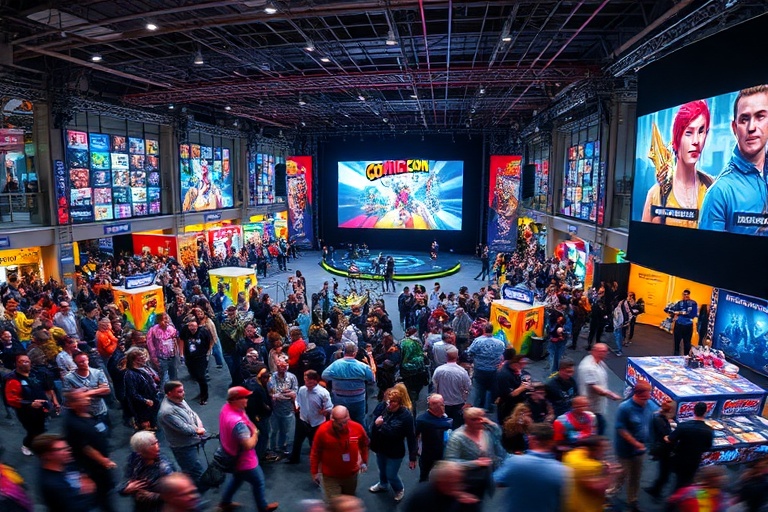A vibrant scene from Comic Con London inside ExCeL London, showcasing bustling crowds, colorful cosplay costumes, celebrity p