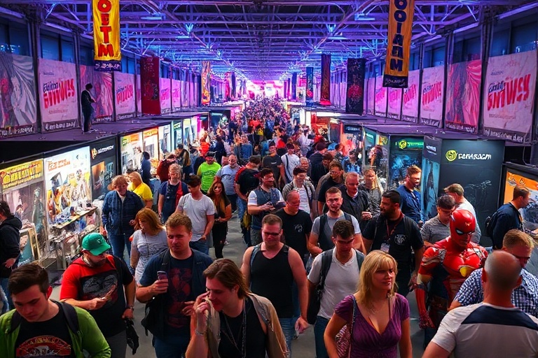 A vibrant scene inside ExCeL London during Comic Con, with attendees in elaborate cosplay, bustling vendor booths, and a stag