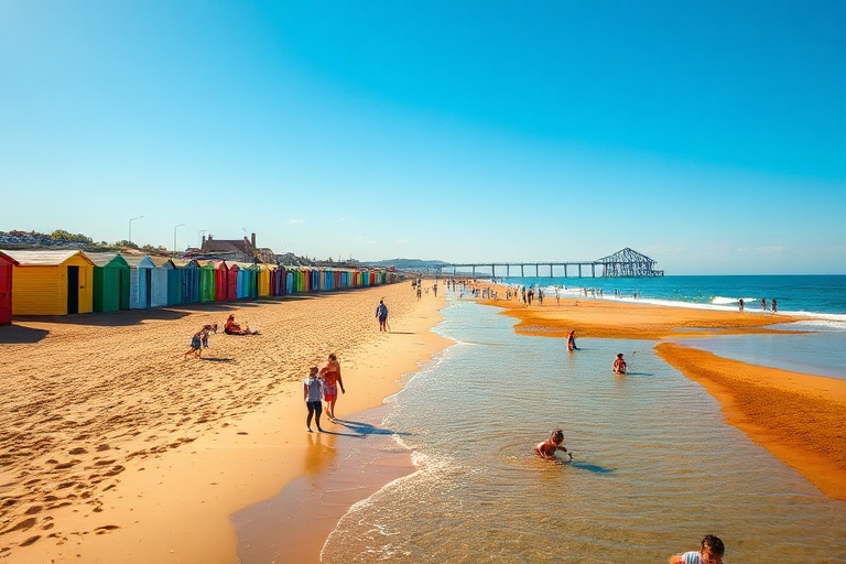 A vibrant panoramic view of Weymouth’s seafront, featuring the historic Royal Crescent, the sandy beach filled with visitors,