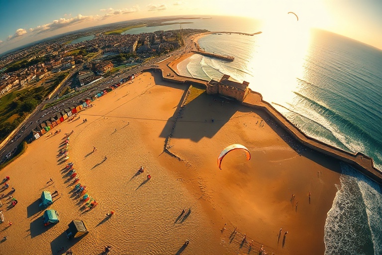 A vibrant panoramic view of Weymouth’s seafront, featuring the historic Royal Crescent, the sandy beach filled with visitors,