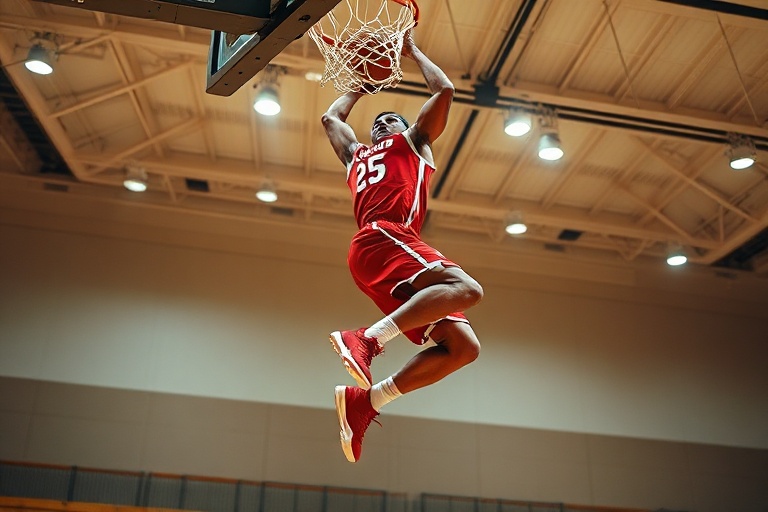 A dynamic action shot of a basketball player mid-slam dunk during a streetball game at sunset, with a crowd of diverse onlook