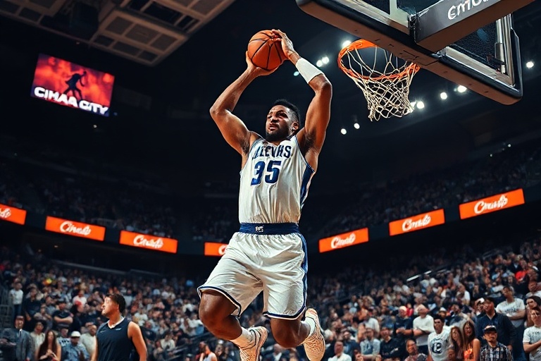 A dynamic action shot of a basketball player mid-slam dunk during a streetball game at sunset, with a crowd of diverse onlook