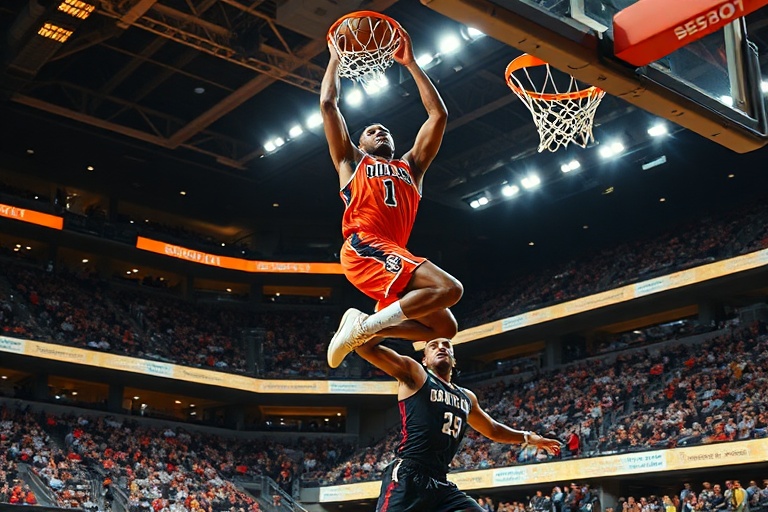 A dynamic action shot of a basketball player mid-dunk in a packed stadium, with vibrant lighting and a crowd in the backgroun