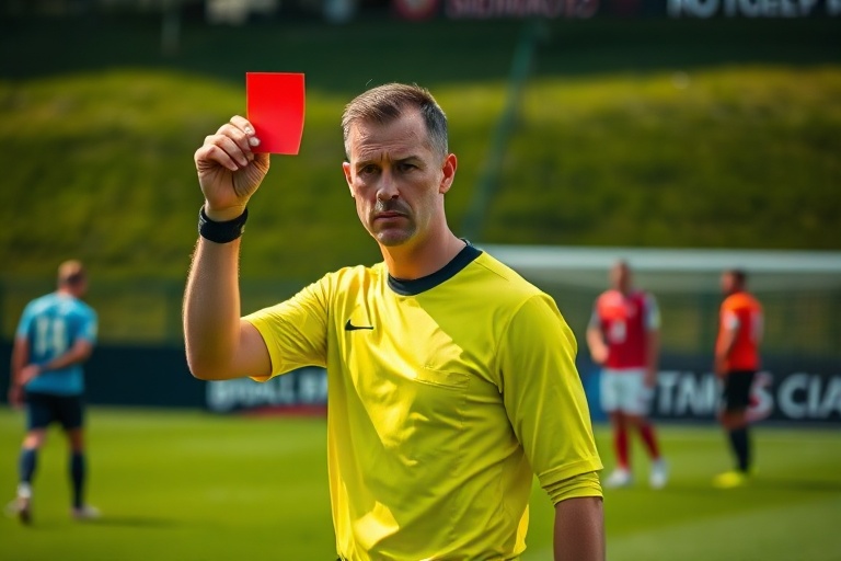 A referee in a black and white striped shirt making a call during a high-stakes soccer match, with players and fans visible i