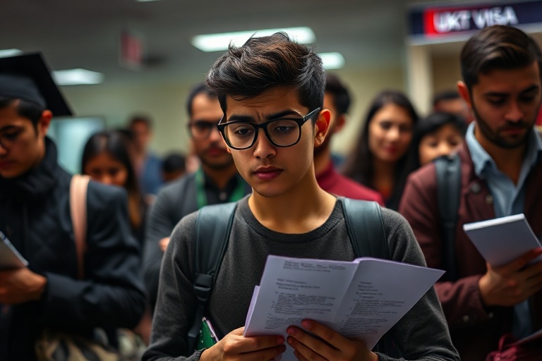 A student in a library holding a UK student visa approval letter, surrounded by documents and a laptop, with a UK flag in the