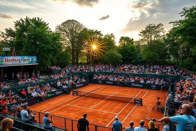 A vibrant scene from the Hamburg Open, showcasing players in action on clay courts, with enthusiastic fans in the background.
