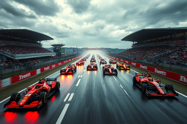 A dynamic shot of Formula 1 cars racing on the Circuit Gilles Villeneuve in Montreal, capturing the speed and intensity of th