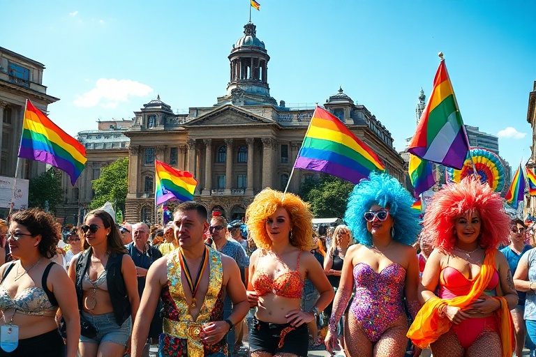 A vibrant photo of Birmingham Pride parade in Victoria Square, featuring rainbow flags, drag performers in colorful outfits,