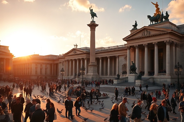 A vibrant daytime scene of Trafalgar Square with Nelson’s Column at center, surrounded by fountains, lions, and crowds of vis