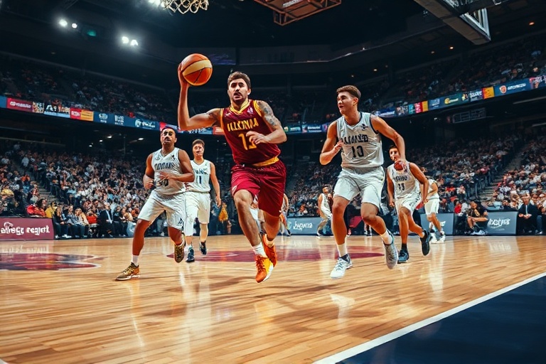 A dynamic action shot of a Valencia Basket vs Real Madrid game, featuring players in mid-air during a fast break, with the Va