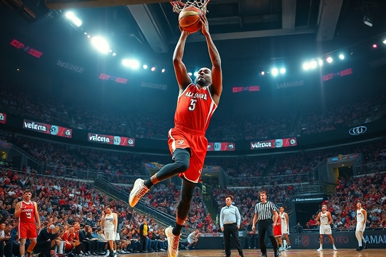A dynamic action shot of a Valencia Basket vs Real Madrid game, featuring players in mid-air during a fast break, with the Va