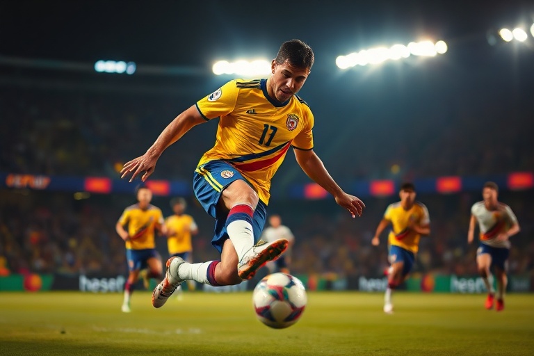 A dynamic action shot of James Rodríguez in a white Lyon jersey, mid-dribble with a focused expression, surrounded by blurred