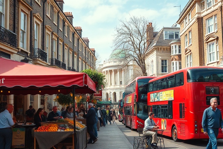 A bustling street scene in Clapham, featuring a mix of historic pubs, modern cafes, and people enjoying the neighborhood's vi