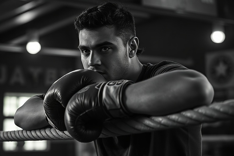Hamzah Sheeraz in a dynamic boxing stance inside a brightly lit ring, wearing his signature red and white trunks, with a focu
